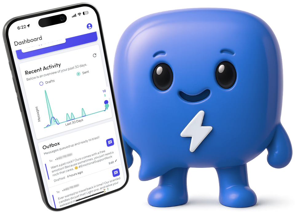 The autoMessage mascot next to an iPhone showing the dashboard